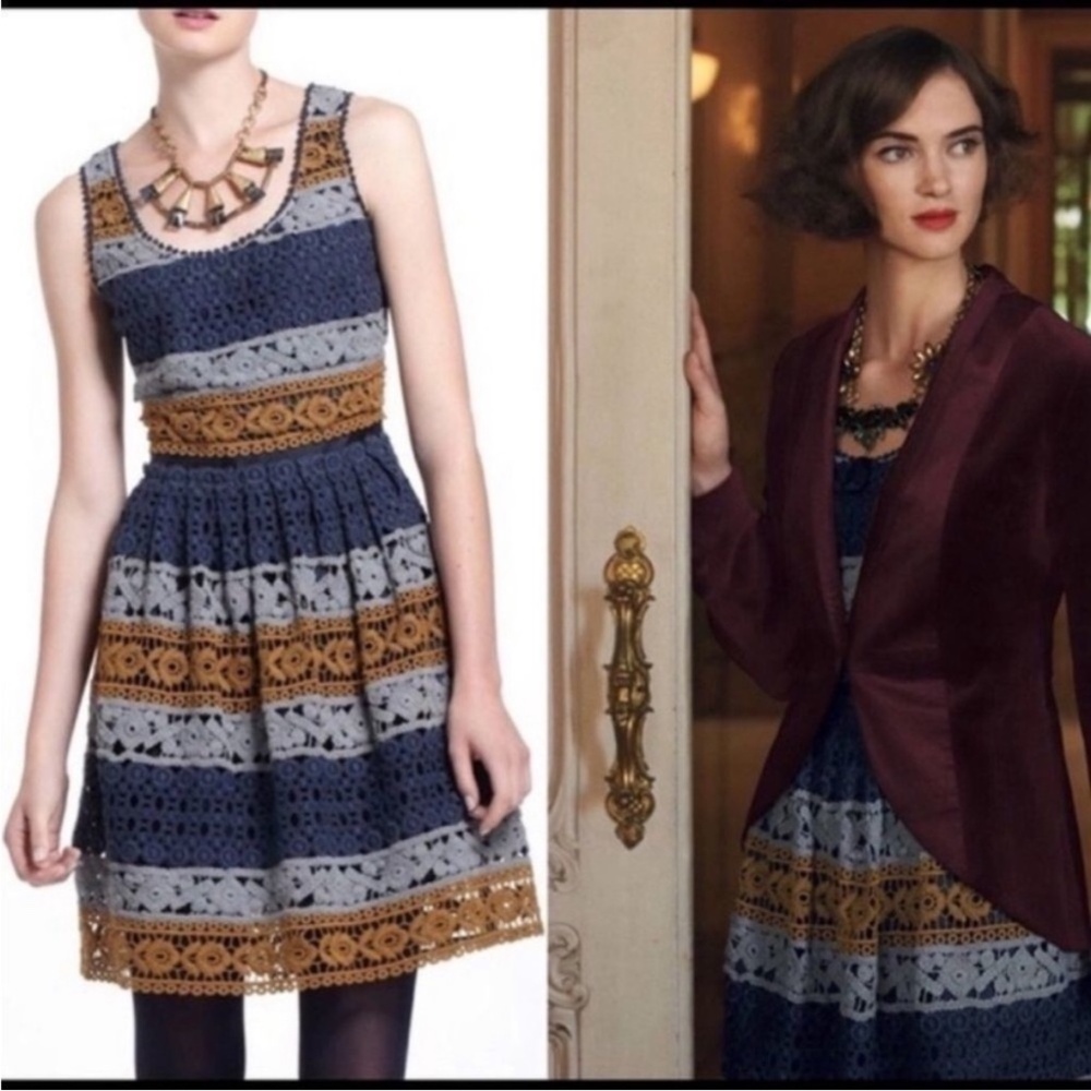 Anthropologie Maeve Striated Striped Crochet Fit and Flare Dress in Blue Gold